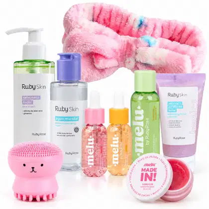 Imagem do produto Kit Skincare Melu Ruby Rose com Sabonete Facial Sérum Água Micelar Tônico Esfoliante e Faixa de cabelo
