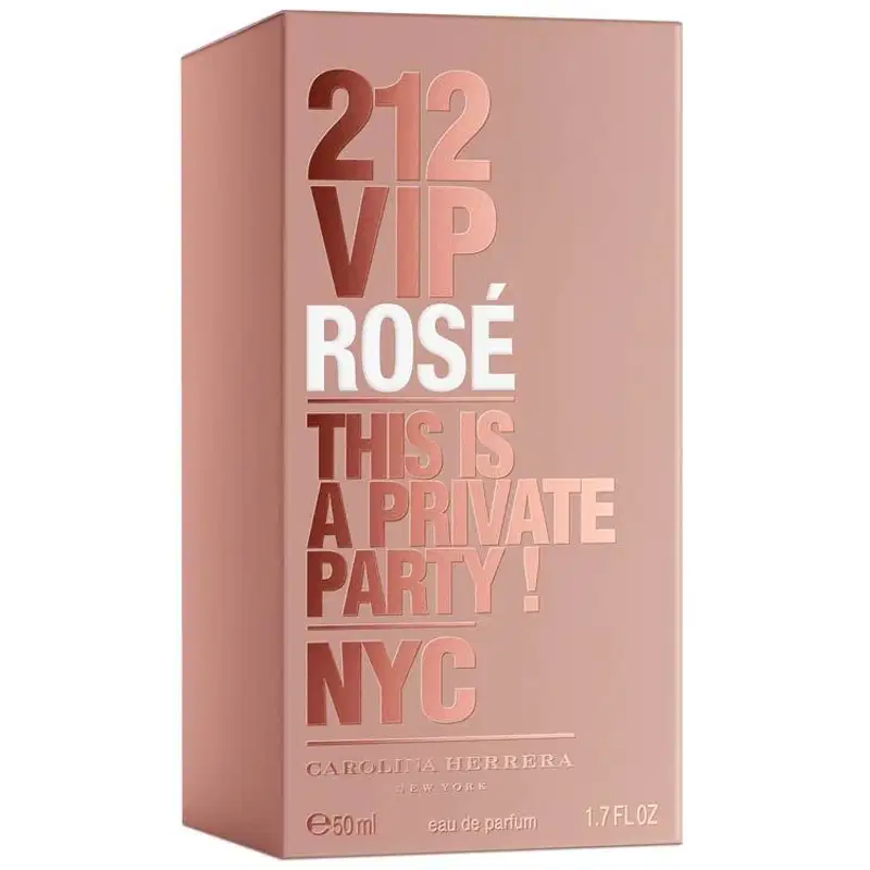 Caixa de perfume rosa da marca Carolina Herrera, com o nome "212 VIP ROSE" e a frase "THIS IS A PRIVATE PARTY! NYC" impressos em letras brancas e vermelhas.