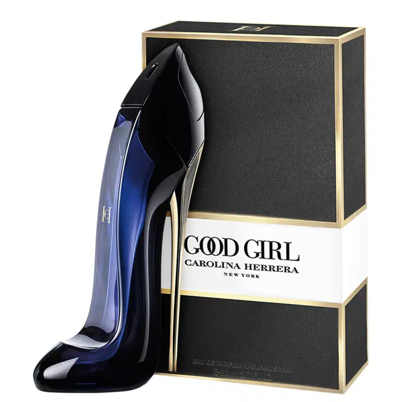 Frasco de perfume Carolina Herrera de design elegante e enigmático, com corpo preto brilhante e detalhes em dourado.