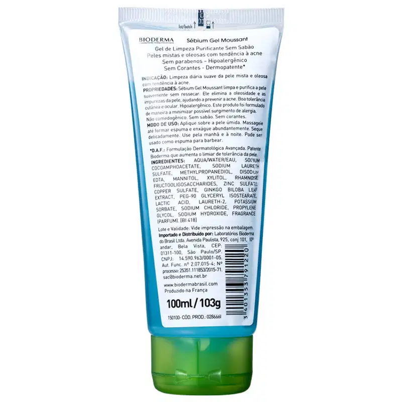 Bioderma Sébium Gel Moussant - Gel de Limpeza Antioleosidade de Alta Tolerância 100ml