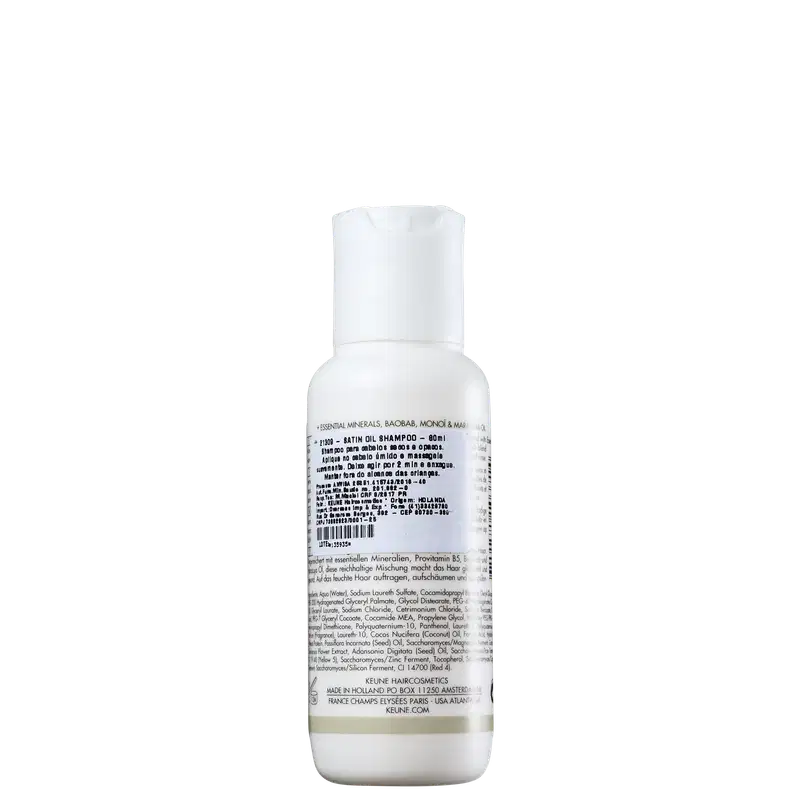 Frasco branco de 80 ml da linha Care da Keune, contendo o Shampoo de Óleo Satinado, com rótulo destacando a luminosidade para cabelos opacos.