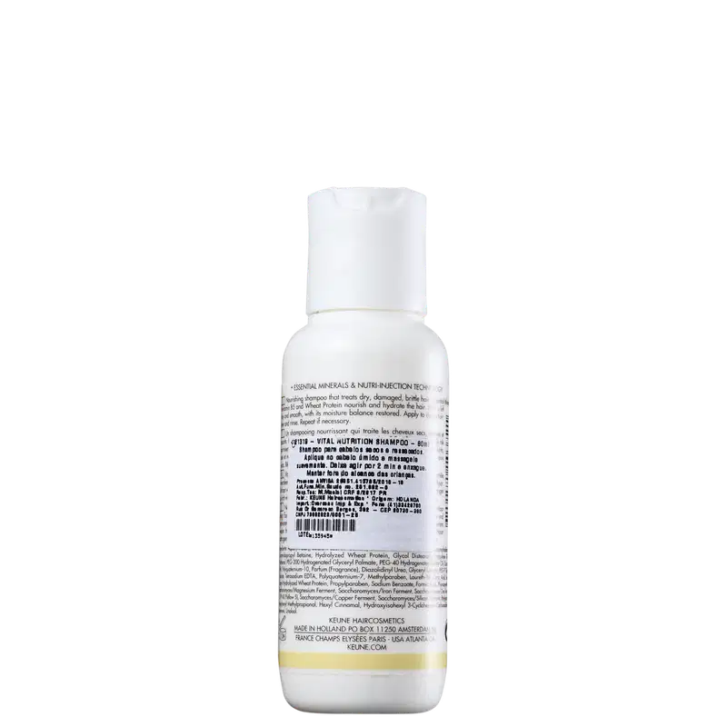 Frasco branco de 80 ml do Shampoo de Nutrição Vital da linha Keune Care, com rótulo em preto e amarelo destacando o nome da marca e do produto.