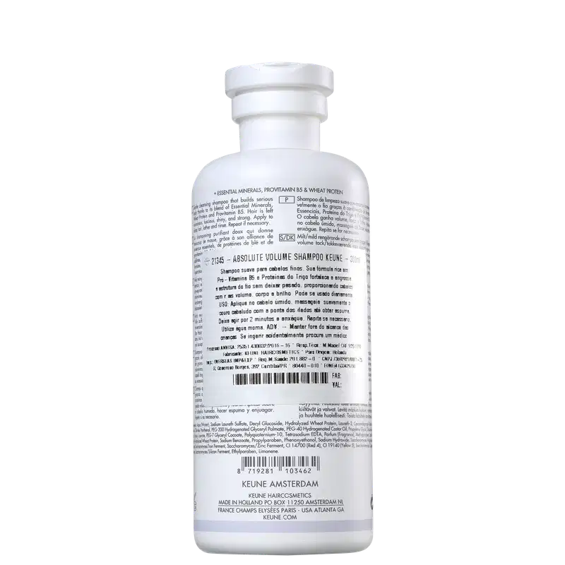Frasco branco da linha Care da Keune, contendo Shampoo Absolute Volume. O produto é destinado a volumizar cabelos normais a finos, conforme indicado no rótulo.