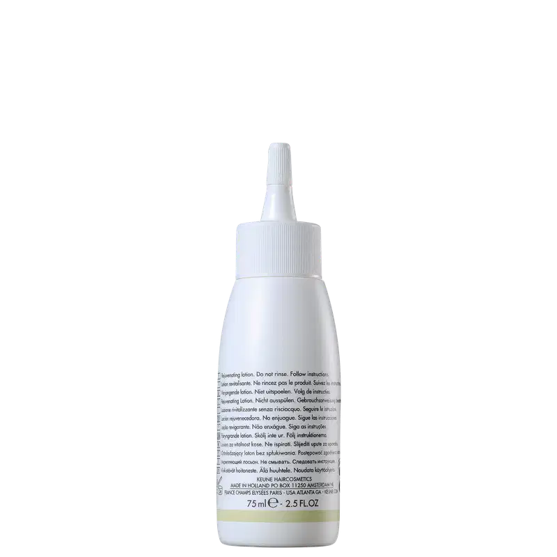 Frasco branco de loção ativadora Keune Care Derma Activate, com rótulo em preto e amarelo, apresentando informações sobre o produto.