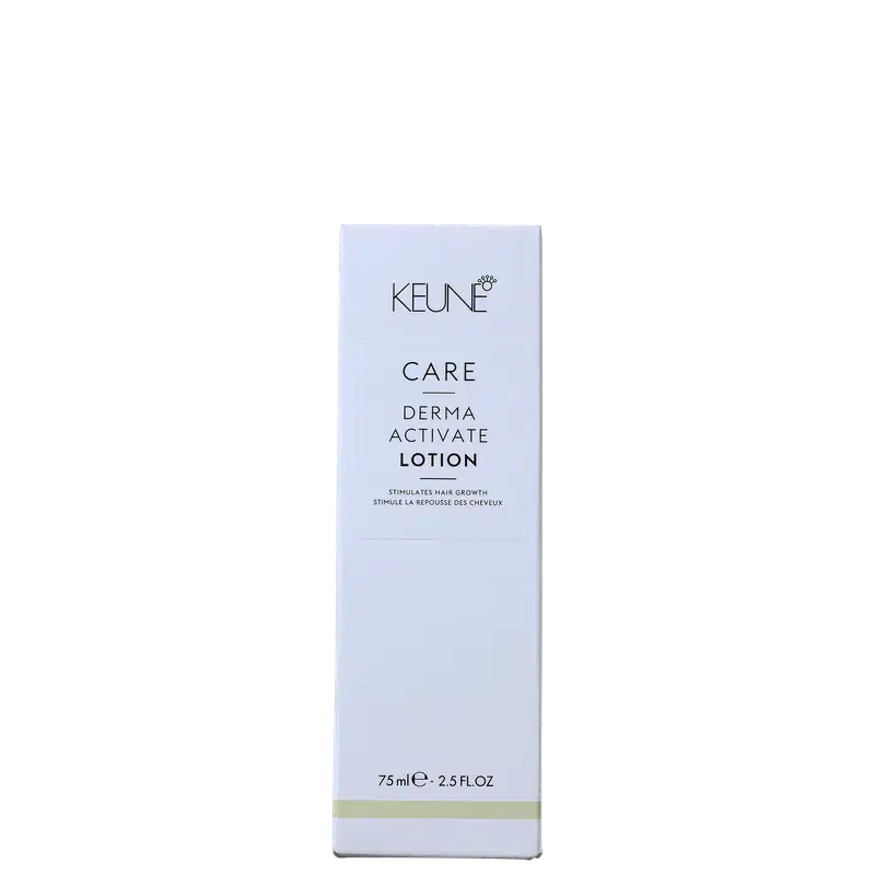 Frasco branco de loção ativadora Keune Care Derma Activate, com rótulo em preto e amarelo, apresentando informações sobre o produto.