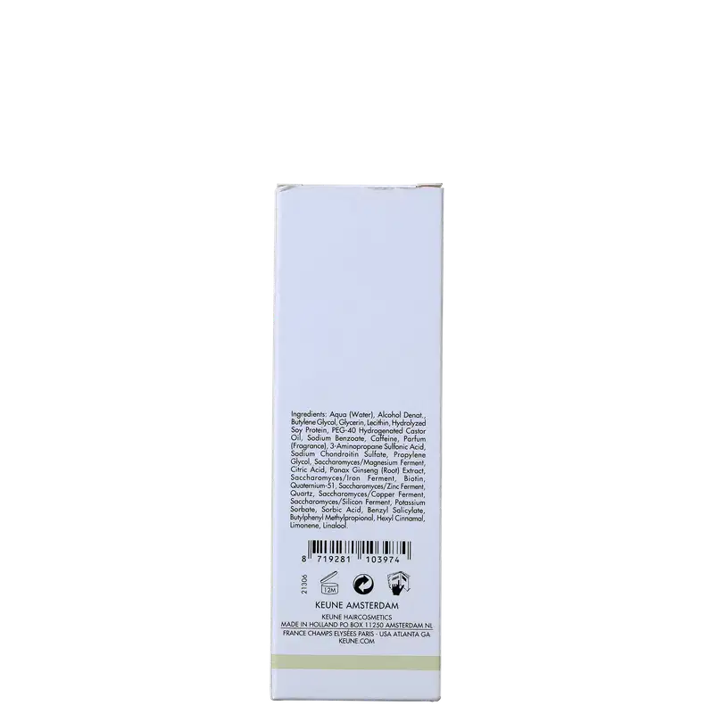 Frasco branco de loção ativadora Keune Care Derma Activate, com rótulo em preto e amarelo, apresentando informações sobre o produto.