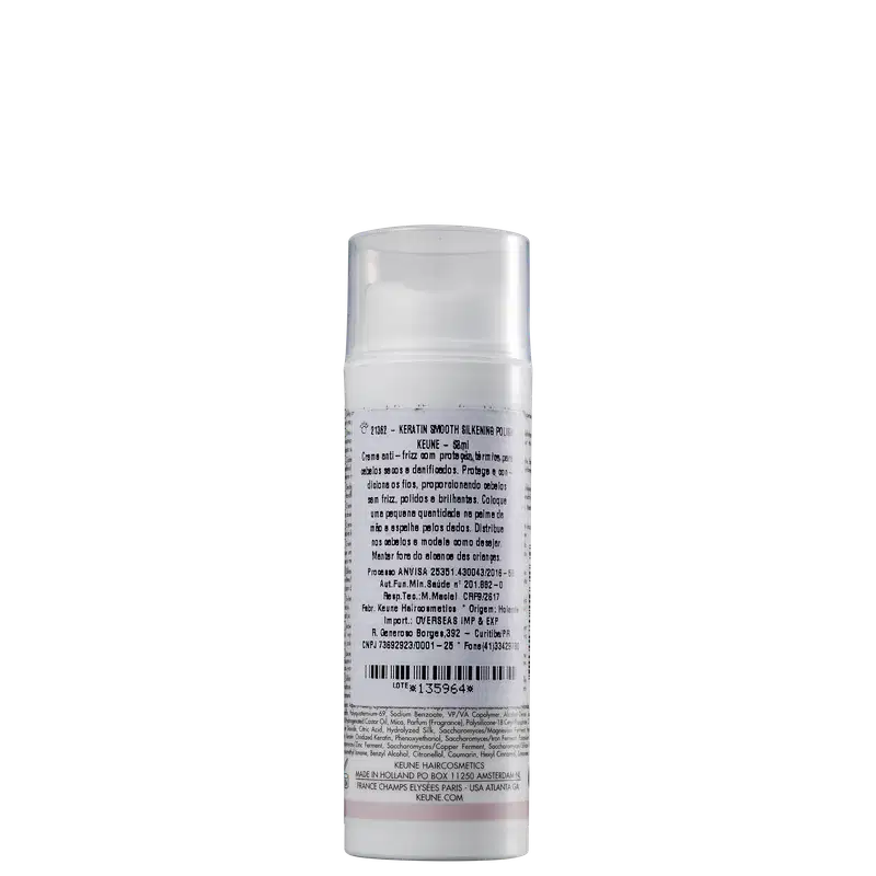 Frasco branco de 50ml de Keune Keratin Smooth Silkening Polisher, com rótulo detalhando ingredientes e informações do produto.