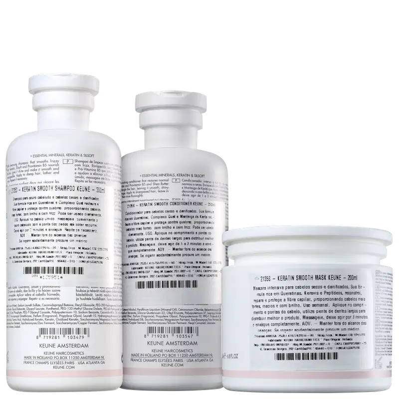 Dois frascos brancos de shampoo e máscara de tratamento capilar da marca Keune, com rótulos em inglês e português descrevendo os ingredientes e benefícios do produto.