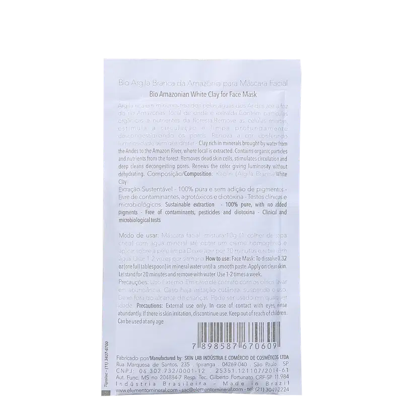 Elemento Mineral Bio Argila Branca da Amazônia - Máscara Facial 30g