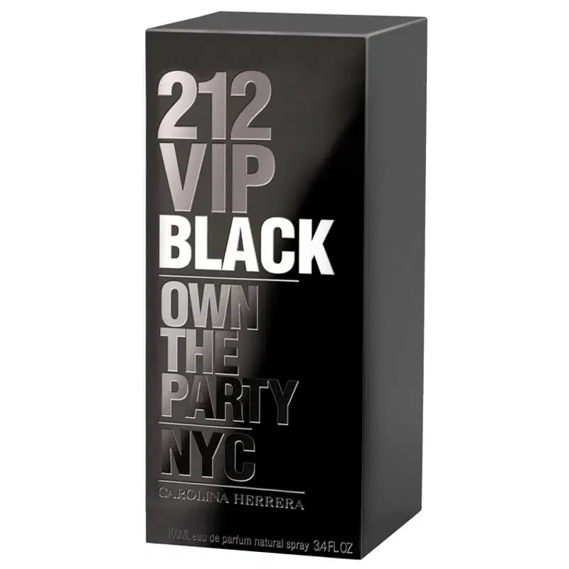 Frasco de perfume Carolina Herrera 212 VIP Black, com embalagem preta e texto em branco destacando o nome do produto e a cidade de origem, Nova York.