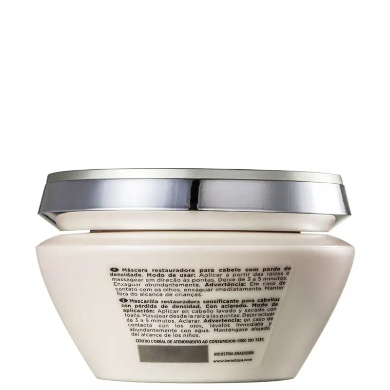Embalagem branca e prata de máscara capilar Kérastase Densifique, com 200g de produto. Rótulo com nome da marca e informações sobre os ingredientes.
