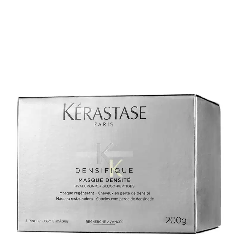 Embalagem branca e prata de máscara capilar Kérastase Densifique, com 200g de produto. Rótulo com nome da marca e informações sobre os ingredientes.