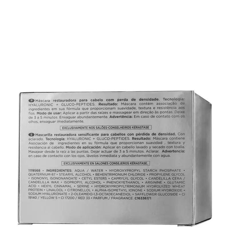 Embalagem branca e prata de máscara capilar Kérastase Densifique, com 200g de produto. Rótulo com nome da marca e informações sobre os ingredientes.