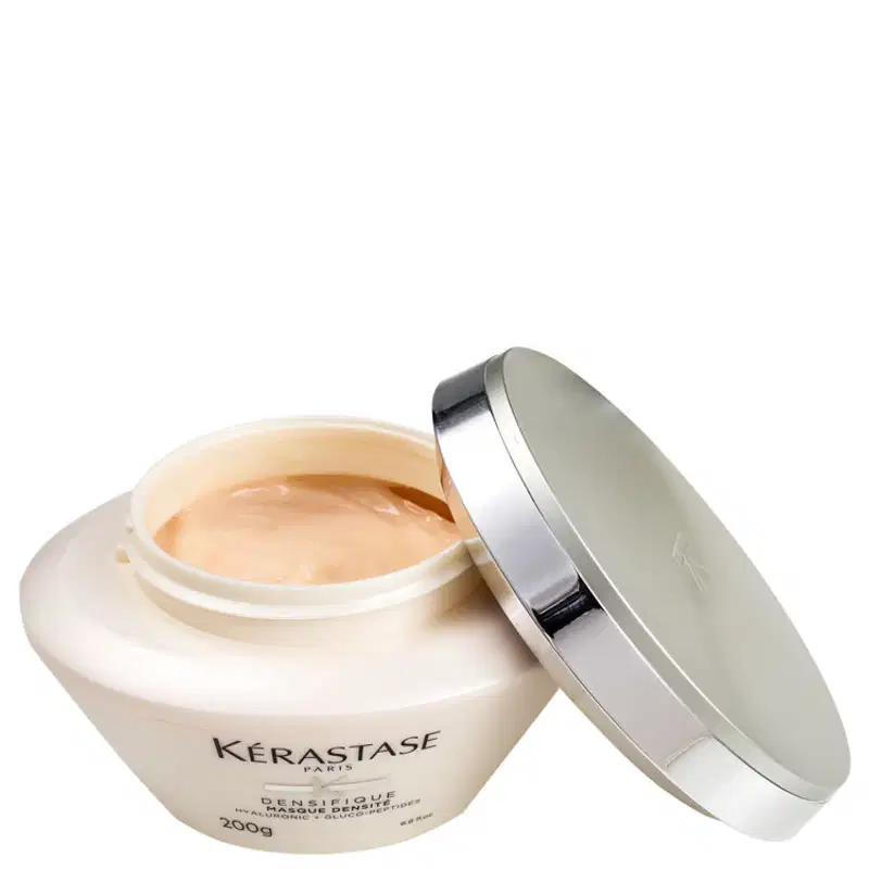 Embalagem branca e prata de máscara capilar Kérastase Densifique, com 200g de produto. Rótulo com nome da marca e informações sobre os ingredientes.