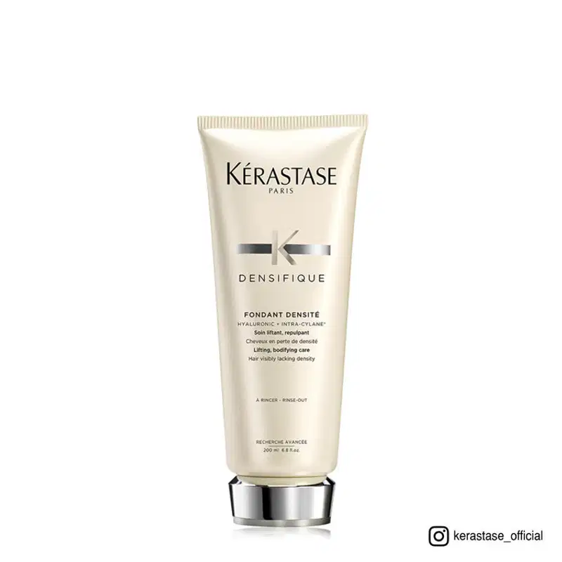 Tubo de creme Kérastase Densifique, com embalagem branca e detalhes em preto, contendo informações sobre o produto e sua fórmula.