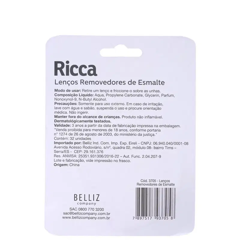 Ricca - Lenço Removedor de Esmalte (32 Unidades)