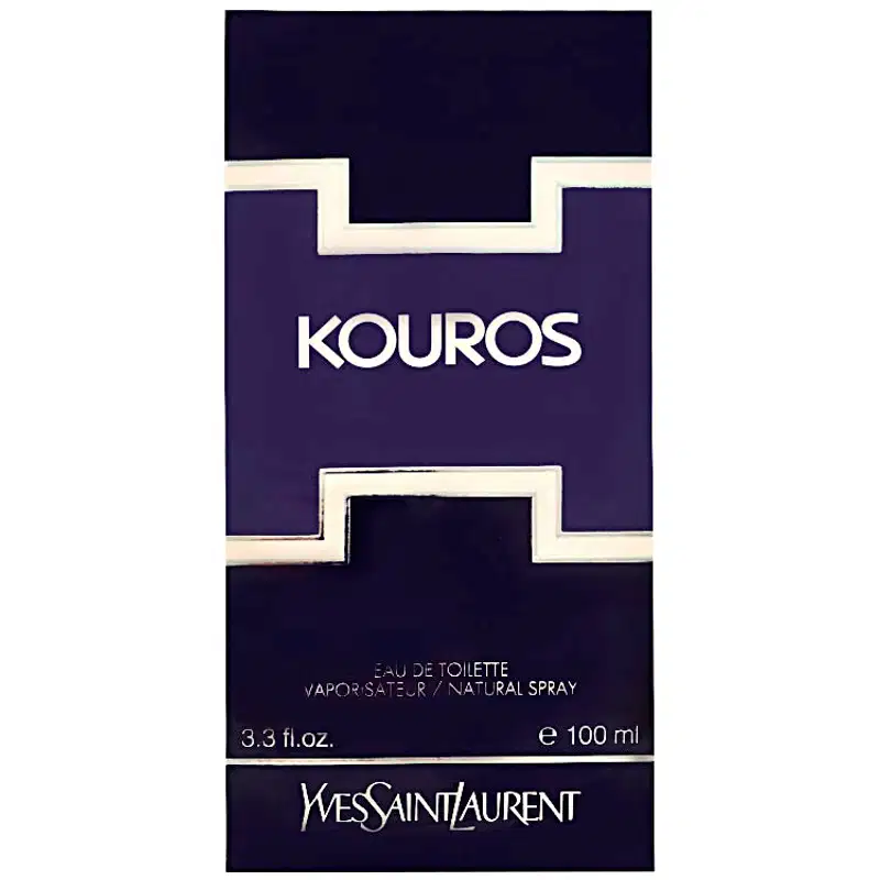 Frasco de perfume Kouros da Yves Saint Laurent, com embalagem em tons de roxo e branco, contendo 100 ml do produto. O rótulo apresenta o nome da marca e do produto em destaque.