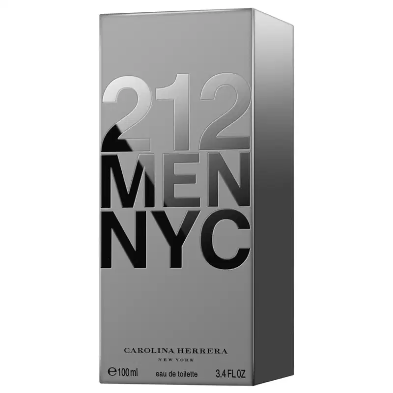 Frasco de perfume Carolina Herrera 212 Men NYC, com embalagem cinza e preto, exibindo o nome da marca e do produto em destaque. O frasco possui formato retangular com dimensões aproximadas de 100 ml.