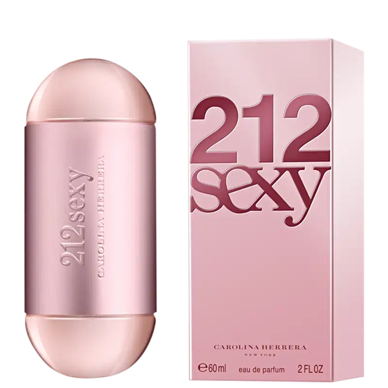 Frasco de perfume Carolina Herrera 212 Sexy, com formato cilíndrico e tampa arredondada, em tons de rosa claro. O rótulo exibe o nome da fragrância em letras prateadas.