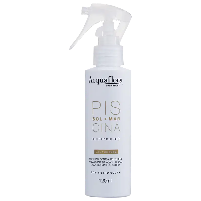 Frasco branco com gatilho de spray da marca Acquaflora, contendo o produto "Pis Sol Mar Cina" - um fluido protetor com filtro solar e água de coco, com 120ml de volume.