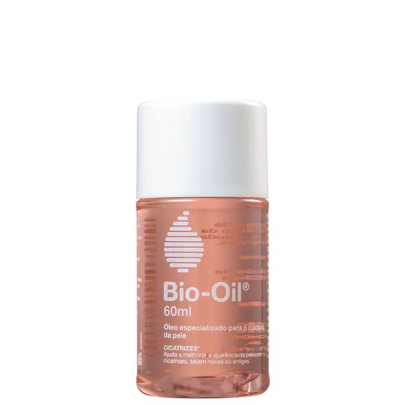 Frasco de óleo Bio-Oil de 60ml, com rótulo branco e laranja, contendo informações sobre o produto e sua função de ajudar a melhorar a aparência de cicatrizes na pele.