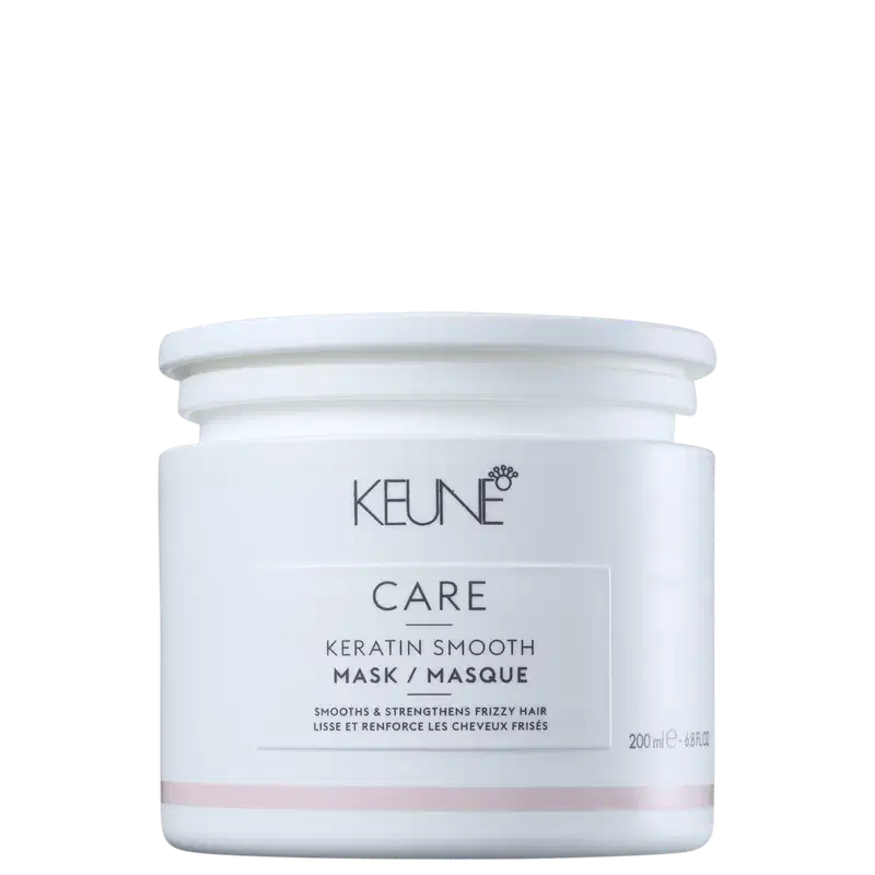 Embalagem branca com rótulo da marca Keune Care, contendo máscara de tratamento para cabelos alisados e fortalecidos, com textura suave e promessa de reduzir frizz.