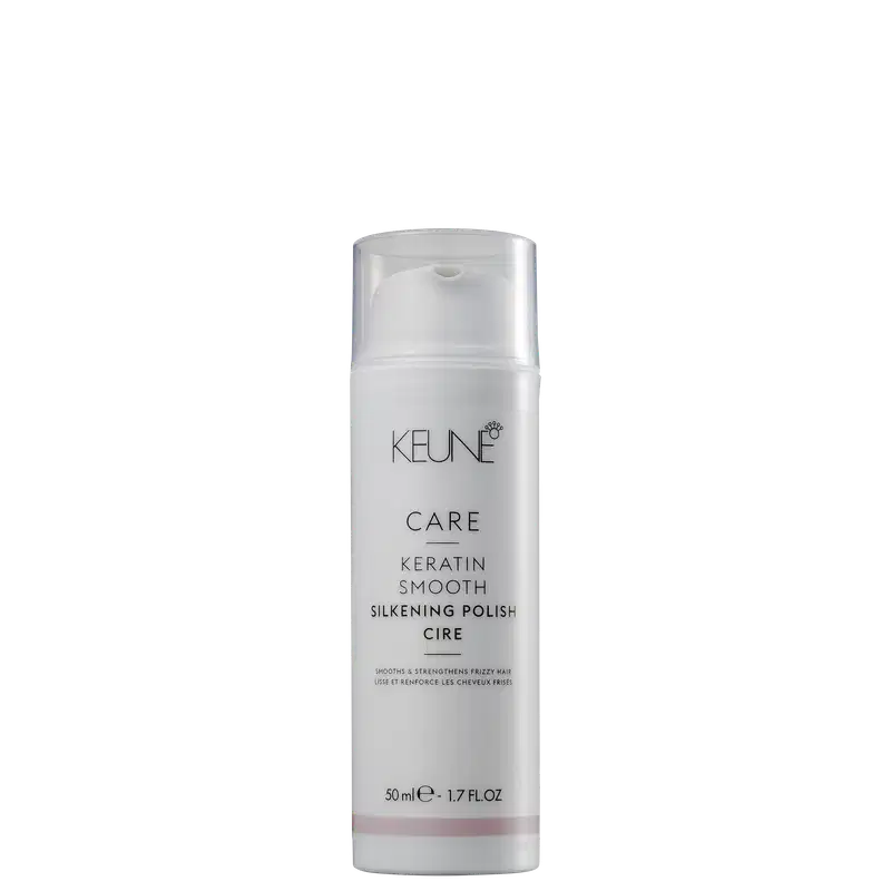 Frasco de 50 ml do produto Keune Care Keratin Smooth Silkening Polish Cire, um creme alisador e fortalecedor para cabelos crespos e rebeldes, com embalagem branca e texto em preto.