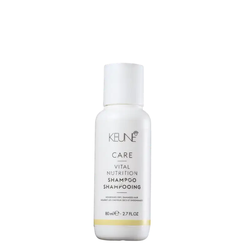 Frasco branco de 80 ml do Shampoo de Nutrição Vital da linha Keune Care, com rótulo em preto e amarelo destacando o nome da marca e do produto.