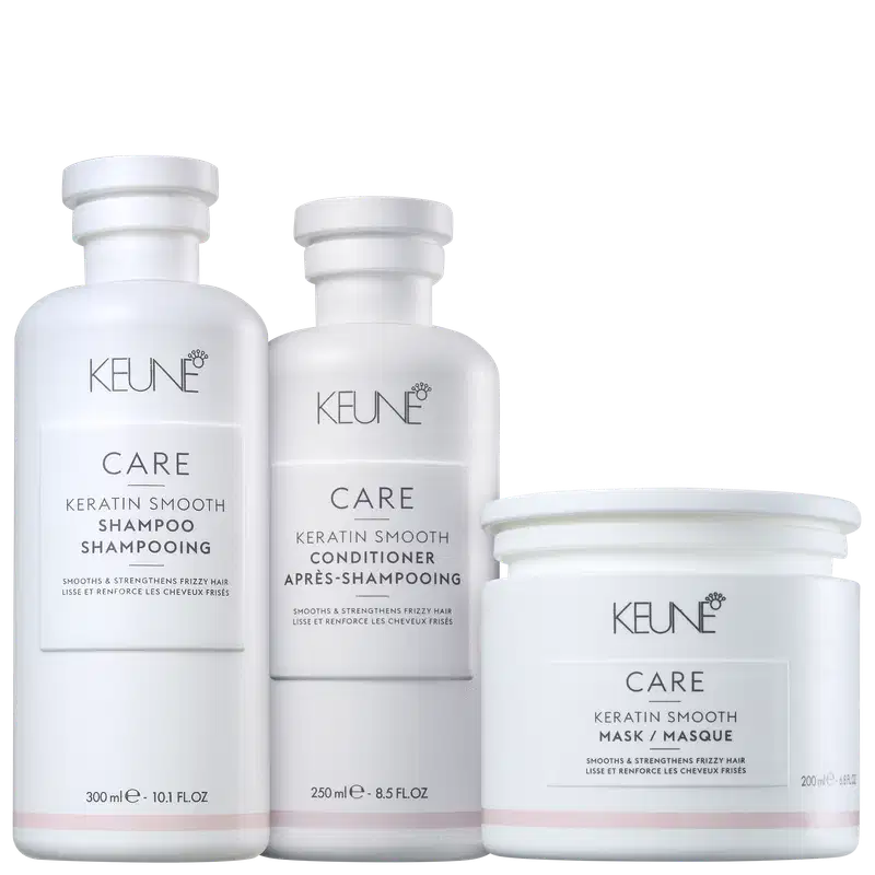 Três produtos de cuidados capilares da marca Keune Care, incluindo um shampoo, um condicionador e uma máscara, todos em embalagens brancas com detalhes em preto e cinza.