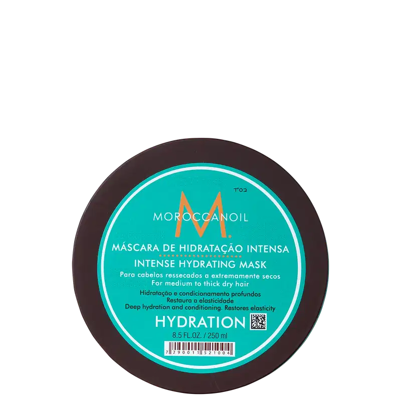 A imagem mostra a Máscara Capilar Moroccanoil Intense Hydration 250ml.  O produto vem em um pote redondo com tampa marrom e rótulo na cor turquesa, com detalhes em laranja e texto com letras em branco e preto.