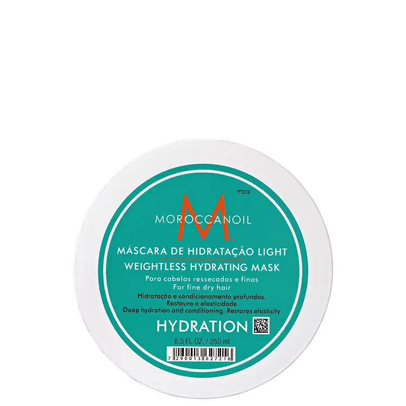 A imagem mostra a Máscara Capilar Moroccanoil Hydration Light 250ml. O produto vem em uma embalagem redonda branca e turquesa, com o logotipo da marca em laranja e as informações do produto escritas em português e inglês.