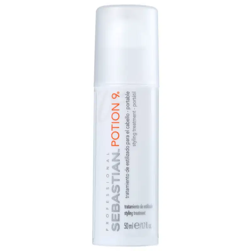 Embalagem em frasco cilíndrico de plástico branco opaco. Rótulo com o nome do produto "Sebastian Potion 9" em letras laranjadas e cinzas, texto descritivo em letras pretas. Volume de 50ml/1.7fl.oz indicado na embalagem.