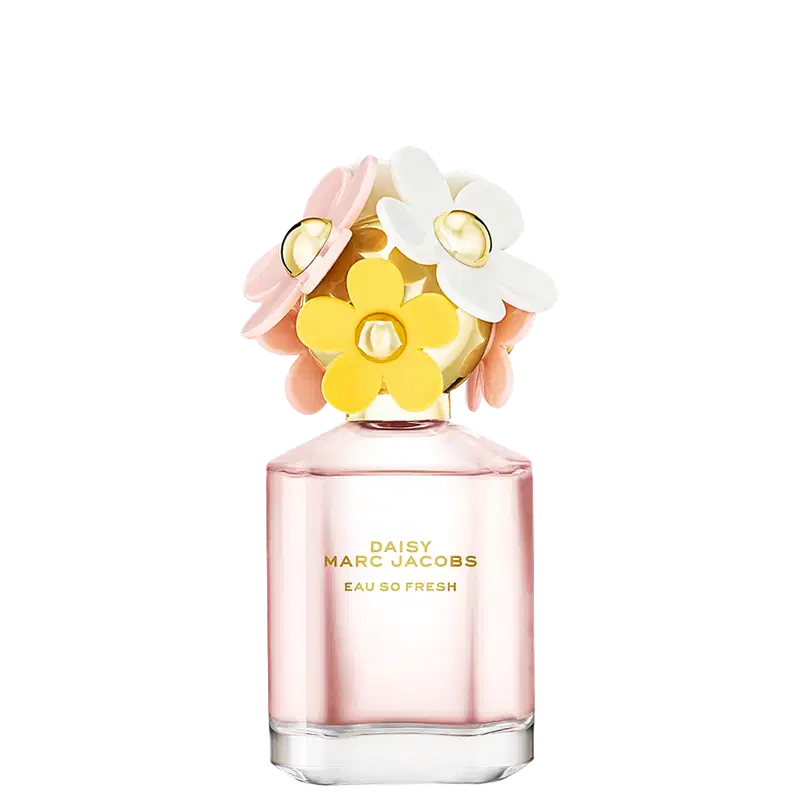Frasco de perfume Daisy Marc Jacobs Eau So Fresh, com tampa decorada com flores coloridas em tons de rosa, amarelo e branco, em fundo branco.
