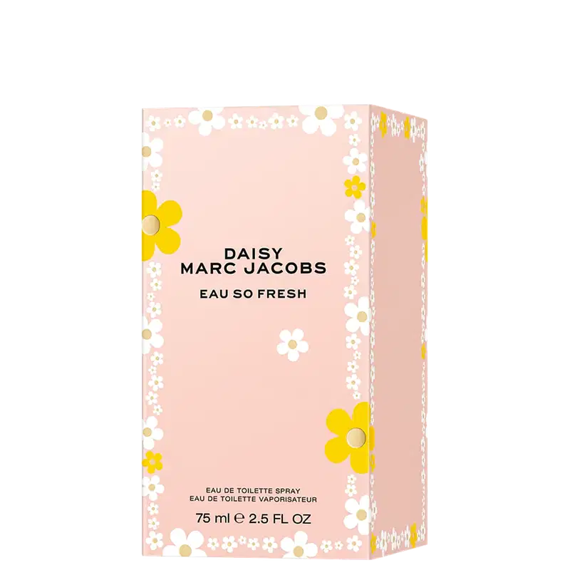 Frasco de perfume Daisy Marc Jacobs Eau So Fresh, com tampa decorada com flores coloridas em tons de rosa, amarelo e branco, em fundo branco.