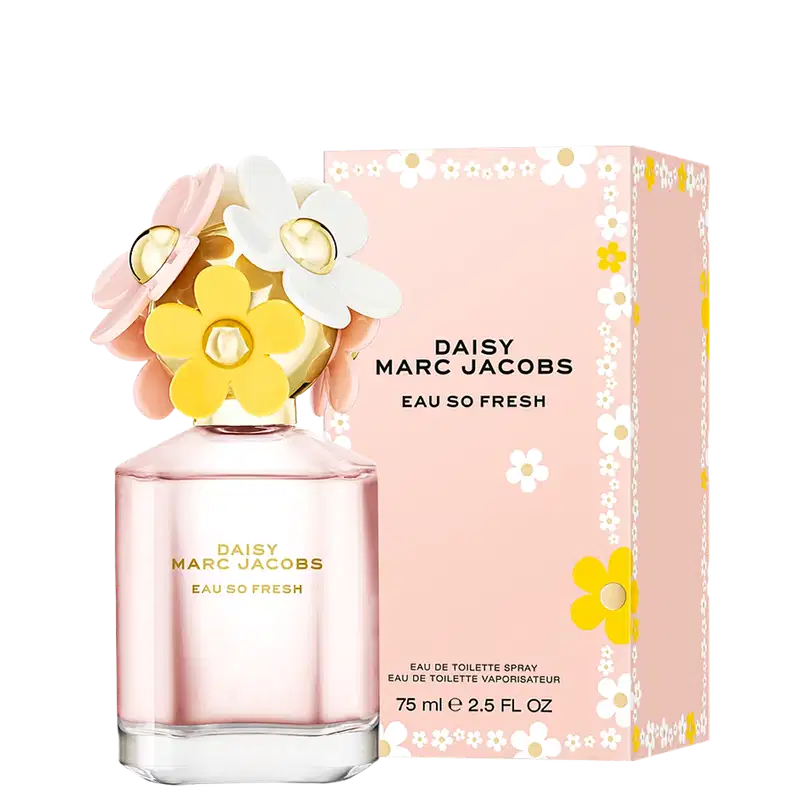 Frasco de perfume Daisy Marc Jacobs Eau So Fresh, com tampa decorada com flores coloridas em tons de rosa, amarelo e branco, em fundo branco.