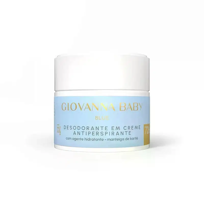Desodorante em creme antitranspirante da linha Giovanna Baby, na cor azul, com agente hidratante e manteiga de karité em embalagem branca com rótulo dourado.