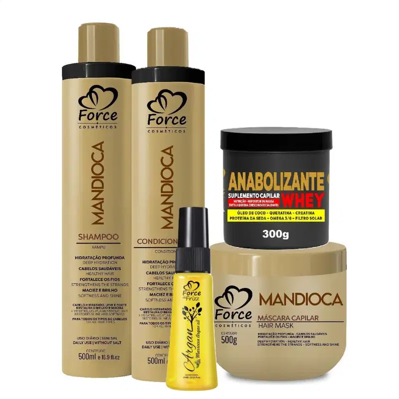 Kit Manutenção Capilar Mandioca Com Óleo Argan - Force (5 Itens) Hidratação e Fortalecimento