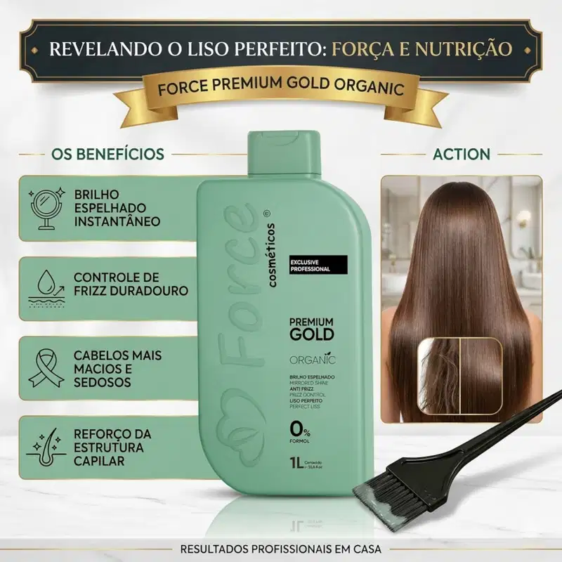 Escova Progressiva Orgânica Premium Gold 1L – Brilho Espelhado e Liso Perfeito