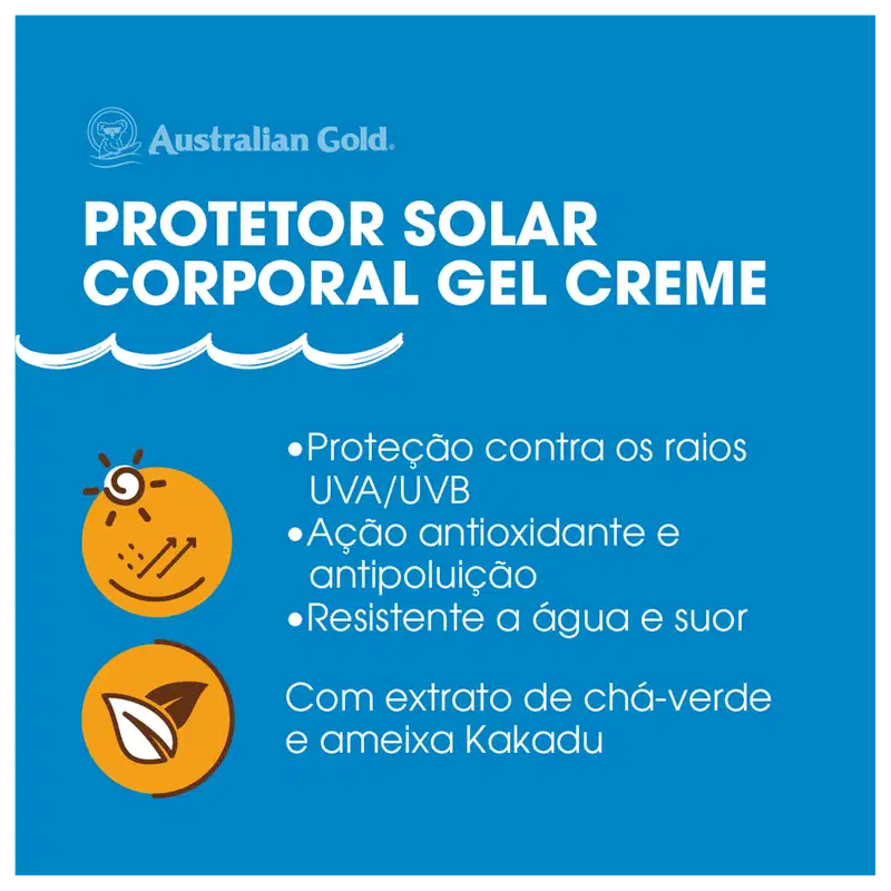 "Protetor Solar Corporal Gel Creme". Ação antioxidante e antipoluição, além de resistência à água e suor. Menciona conter extrato de chá verde e ameixa Kakadu.