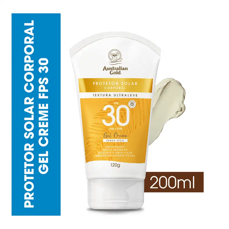 Protetor solar corporal gel creme da marca Australian Gold. Embalagem plástica branca com tampa flip-top.