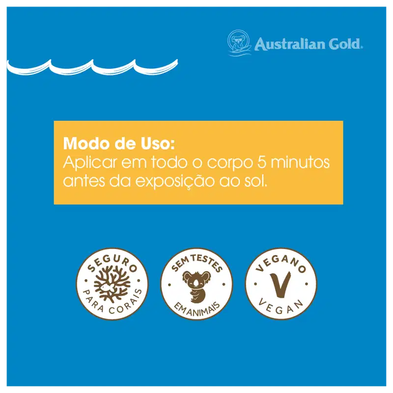 Texto em amarelo instruindo aplicar em todo o corpo 5 minutos antes da exposição ao sol. Na parte inferior, três selos circulares indicando que o produto é seguro para corpos, não testado em animais e vegano.