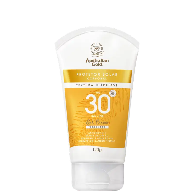Protetor solar corporal em embalagem de tubo plástico branco com detalhes em amarelo. Gel creme com fator de proteção solar 30, textura ultraleve, resistente à água e suor. Fórmula antioxidante e de rápida absorção.