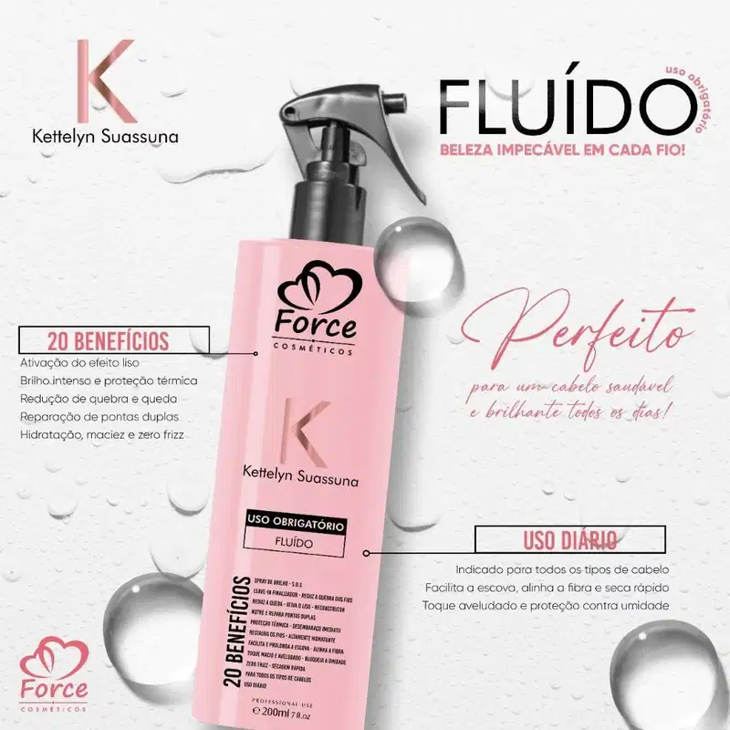 Kit Capilar Force Hidratação, Proteção e Brilho com Fluido K Ketellyn Suassuna + Óleo de Argan (3 itens)