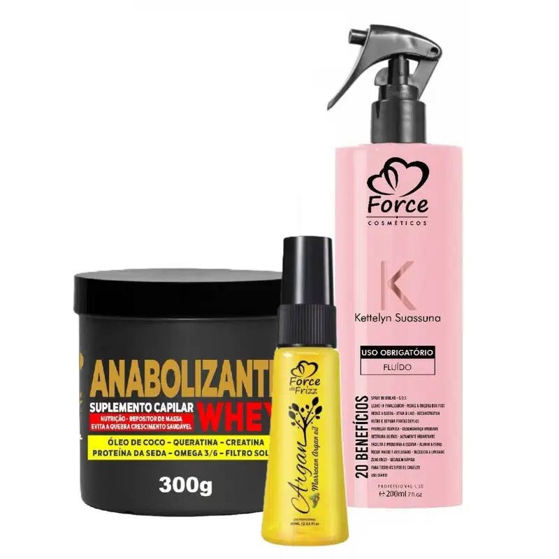 Kit Capilar Force Hidratação, Proteção e Brilho com Fluido K Ketellyn Suassuna + Óleo de Argan (3 itens)
