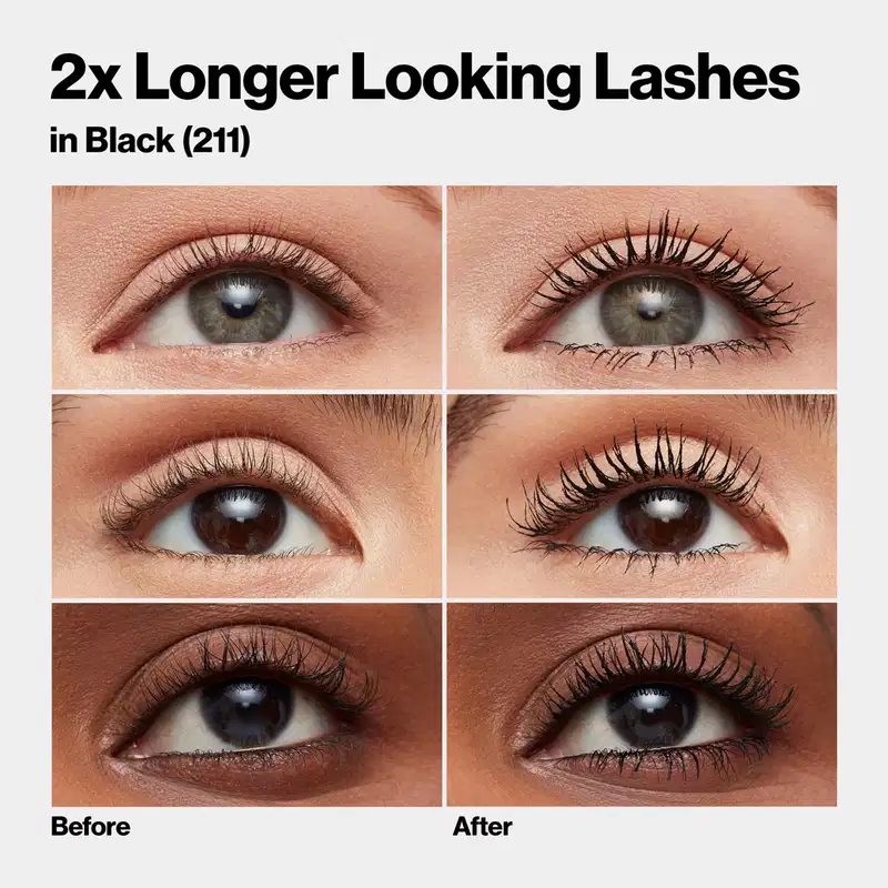 Máscara de cílios alongadora da marca Revlon, na cor preta (211). A imagem mostra seis fotos de olhos femininos, com três olhos à esquerda representando o "antes" e três olhos à direita representando o "depois" da aplicação do produto.