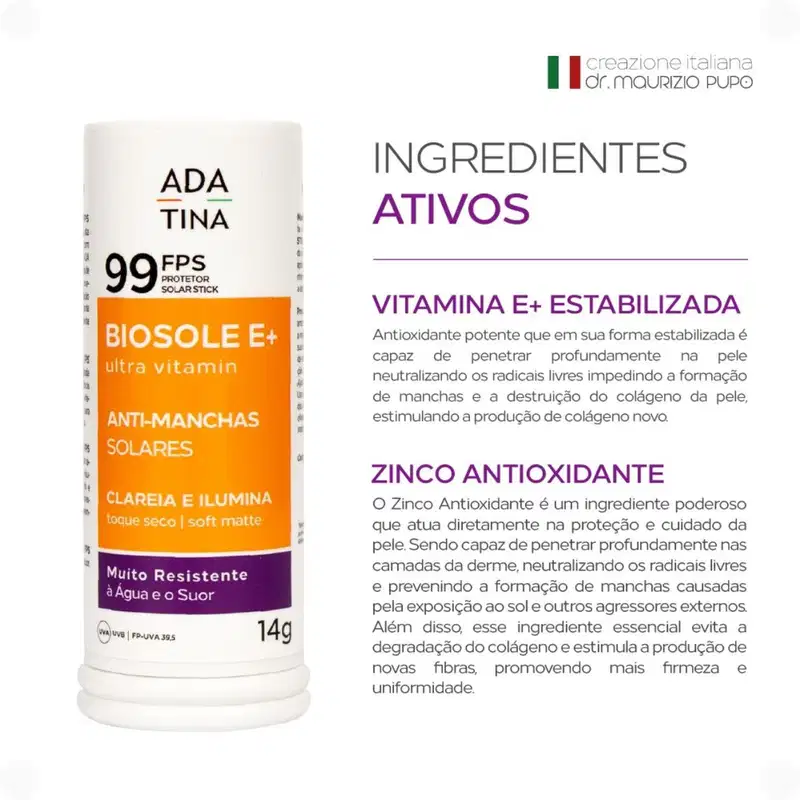 Ada Tina Biosole Stick FPS99 Sem Cor - Protetor Solar 14g