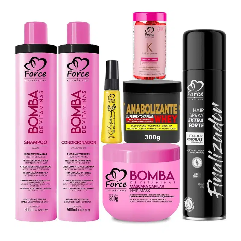 Kit Supremo Bomba de Vitaminas –  Nutrição, Hidratação e Crescimento Perfeito - Force Cosméticos  (7 Itens)