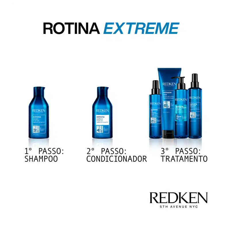 A linha de produtos Redken Extreme inclui shampoo, condicionador e tratamento em embalagens azuis. Os produtos são apresentados em frascos e recipientes de diferentes tamanhos, destacando as etapas de um tratamento capilar completo.