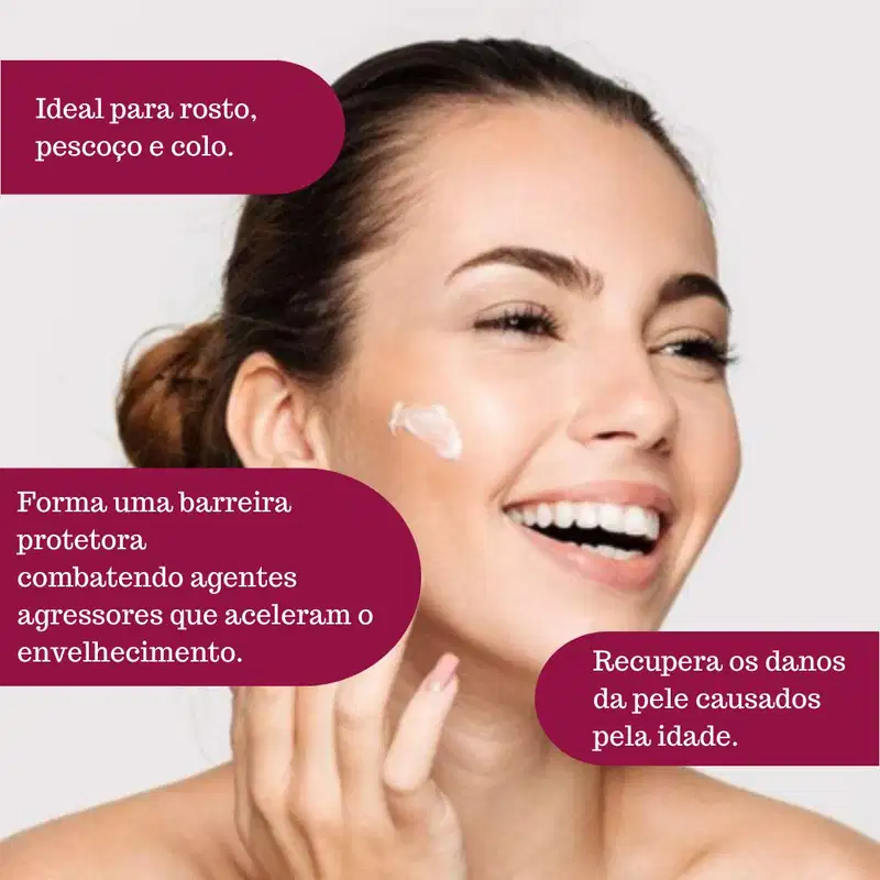 Ideal para rosto, pescoço e colo. Forma uma barreira protetora combatendo agentes agressores que aceleram o envelhecimento. Recupera os danos da pele causados pela idade.
