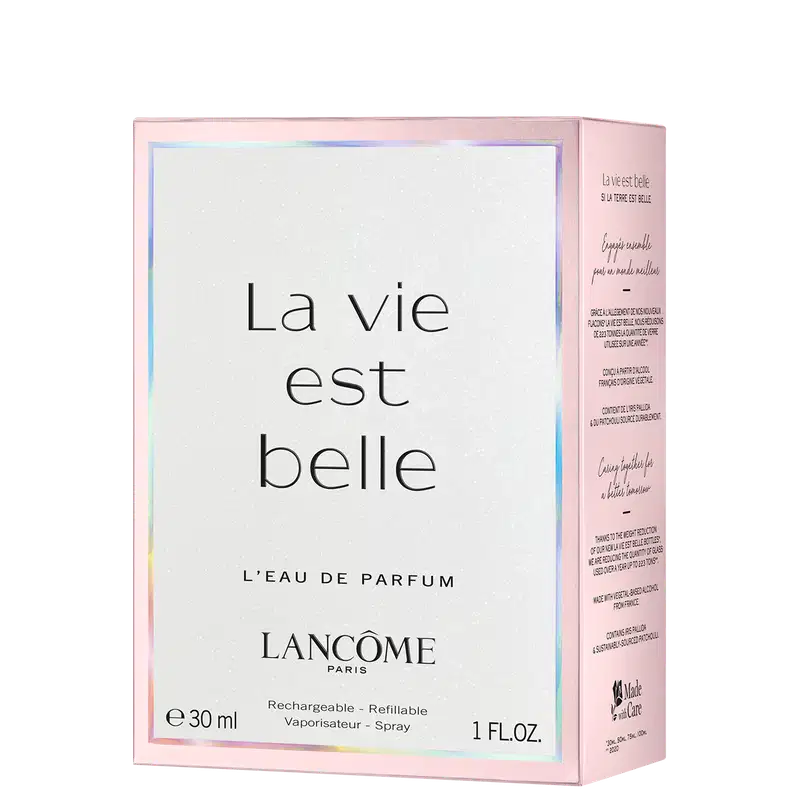 Frasco de perfume Lancôme com tampa prateada e rótulo rosa, contendo líquido rosa claro. Embalagem de vidro transparente com design elegante e sofisticado.